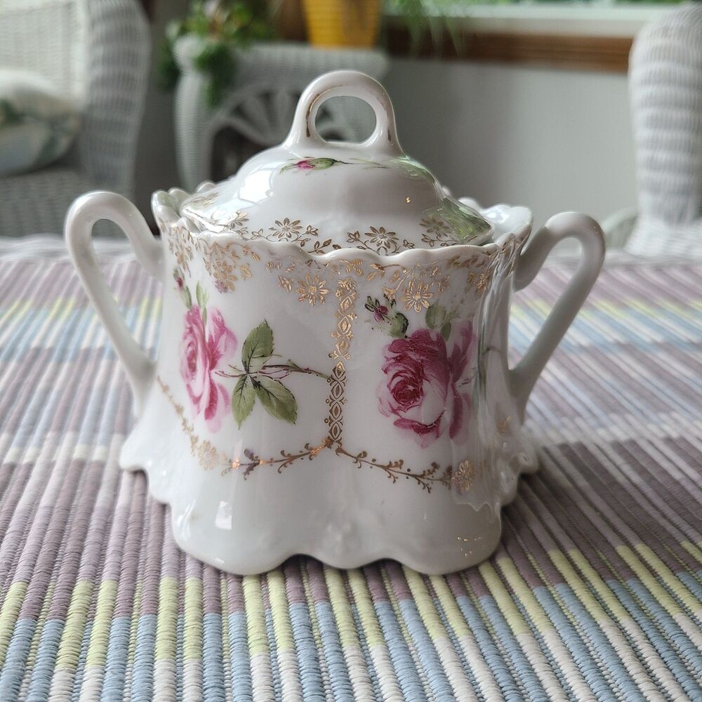 Antique Hand Painted Porcelain Scalloped Covered Sugar Bowl Pink Roses No. "36"